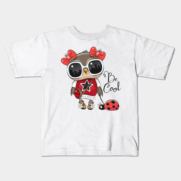 Cute fashion owl wearing sunglasses with a ladybug on a leash Kids T-Shirt by Reginast777